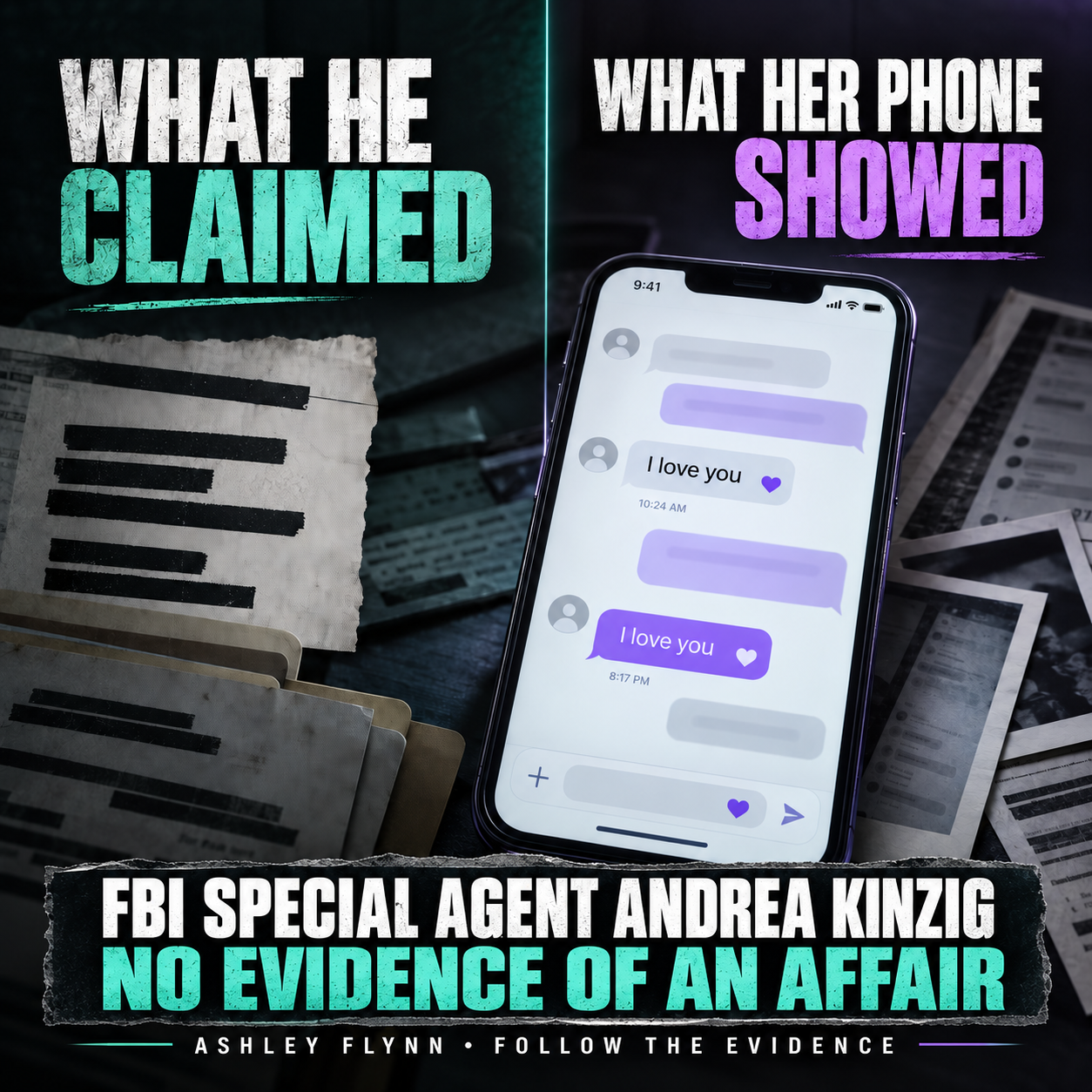 Editorial evidence graphic contrasting the allegation that Ashley Flynn had an affair with FBI testimony that investigators found no supporting digital evidence.