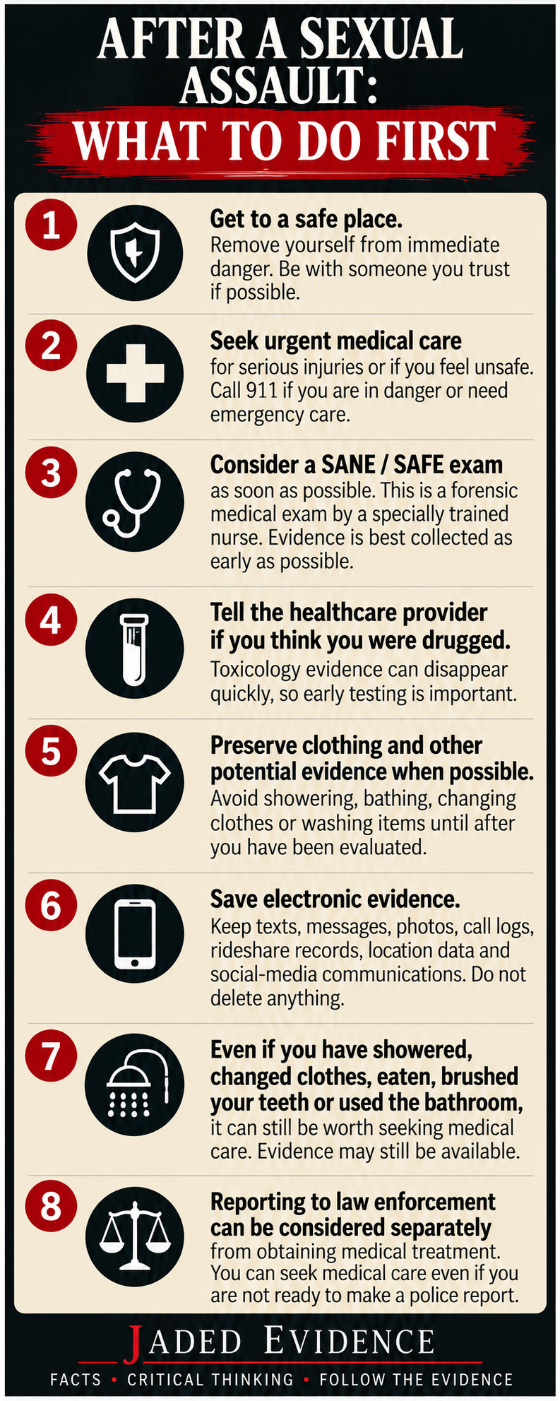 Jaded Evidence infographic listing immediate steps to consider after a sexual assault.