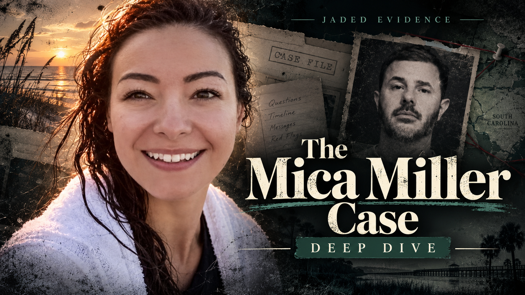Editorial case graphic for The Mica Miller Case Deep Dive, featuring Mica Miller, John-Paul Miller, South Carolina coastal imagery, and investigative case-file elements.