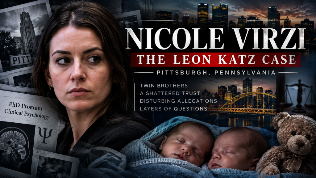 Nicole Virzi and Leon Katz case graphic for Jaded Evidence, featuring Pittsburgh imagery and twin infants.
