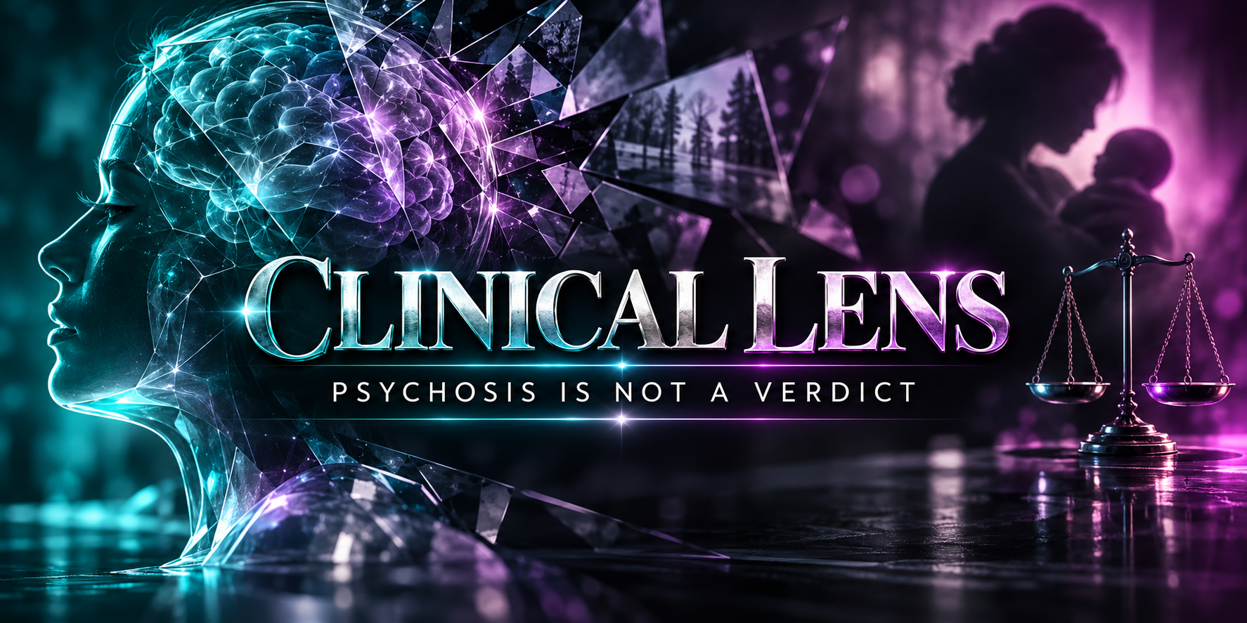 Clinical Lens graphic showing a glass human profile, a parent and infant silhouette, and balanced scales of justice