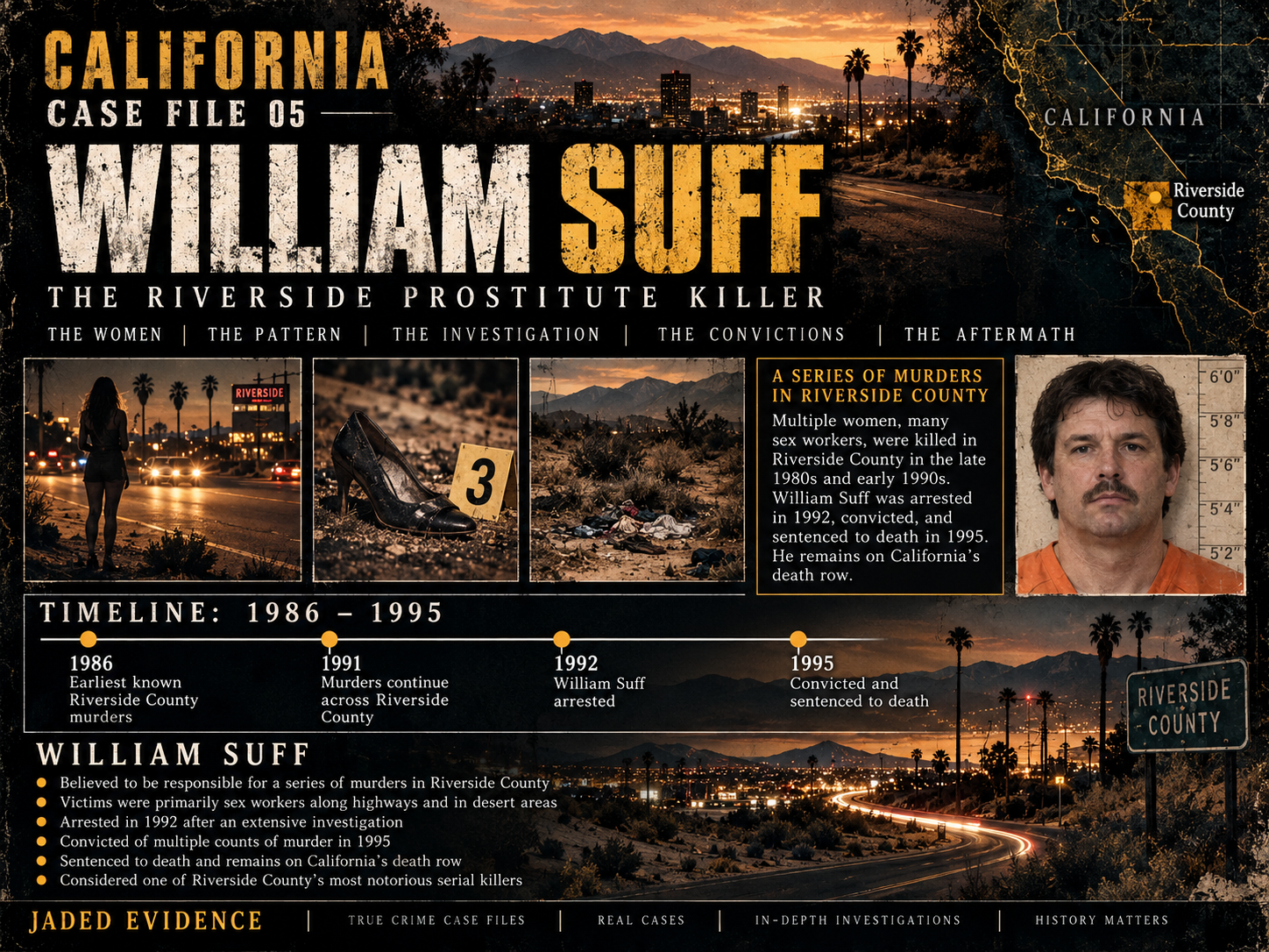 William Suff Riverside case-file infographic with timeline, geography, investigation, and convictions.