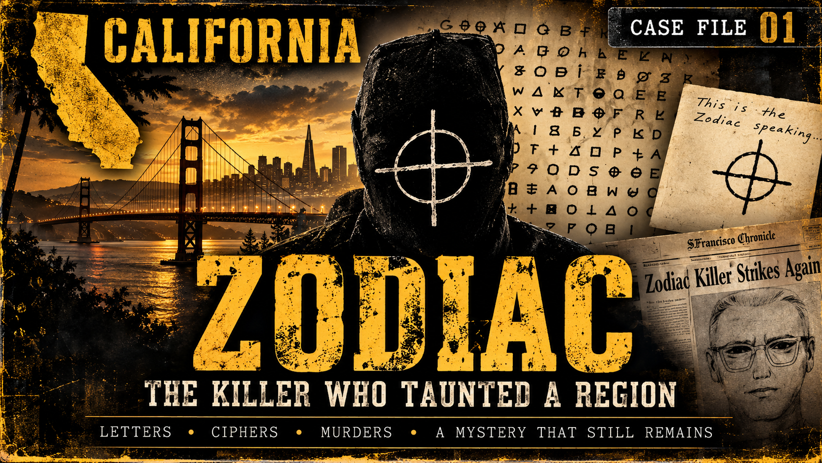 Zodiac Killer detailed case-file infographic with timeline, attack locations, victims, letters, and ciphers.