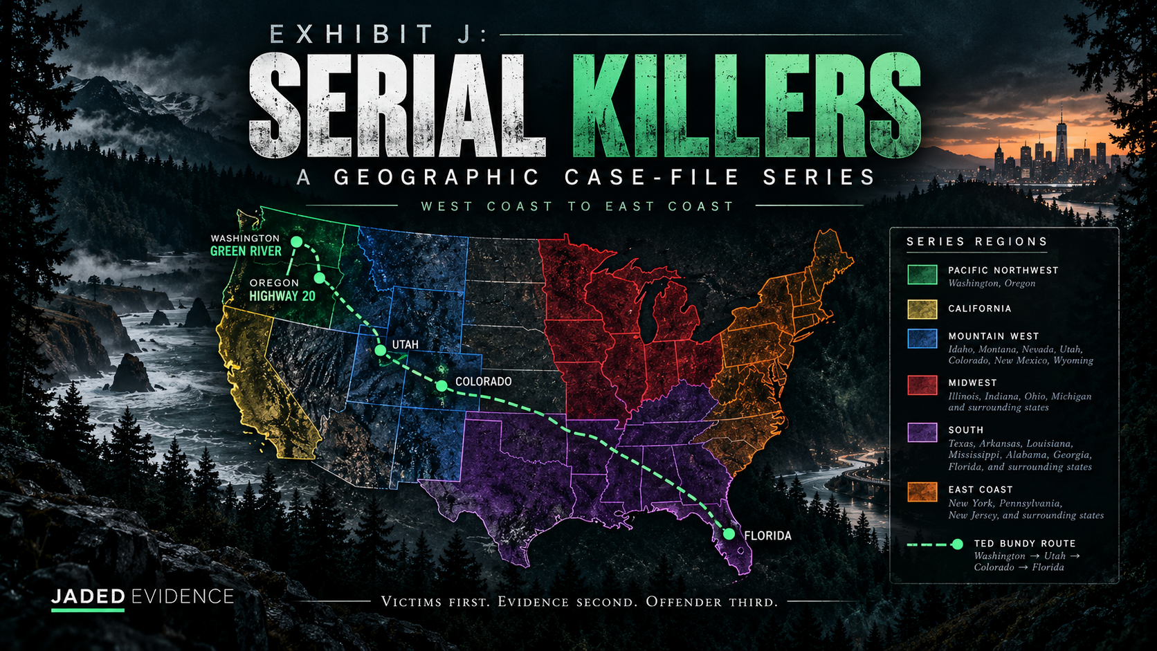 Exhibit J Serial Killers U.S. map showing regional case progression and Ted Bundy’s route across the country.