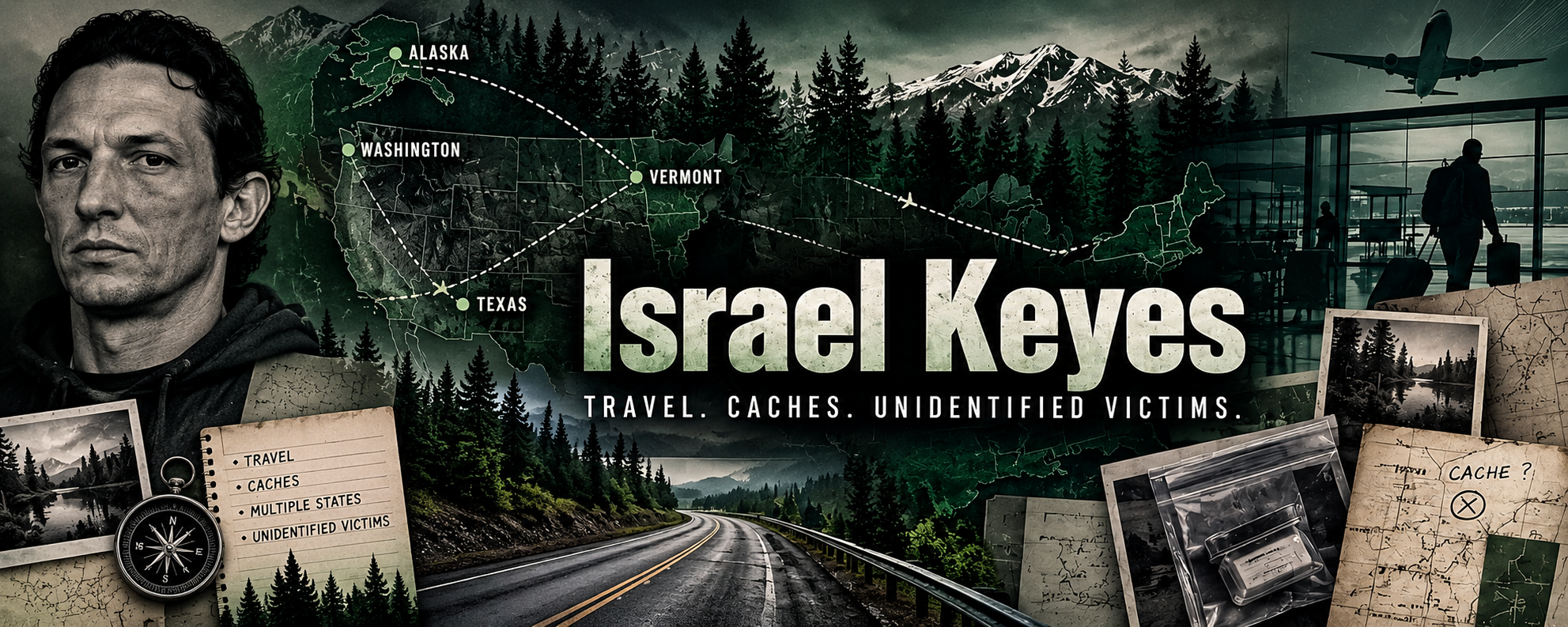 Israel Keyes travel, caches, and unidentified victims header for Jaded Evidence.