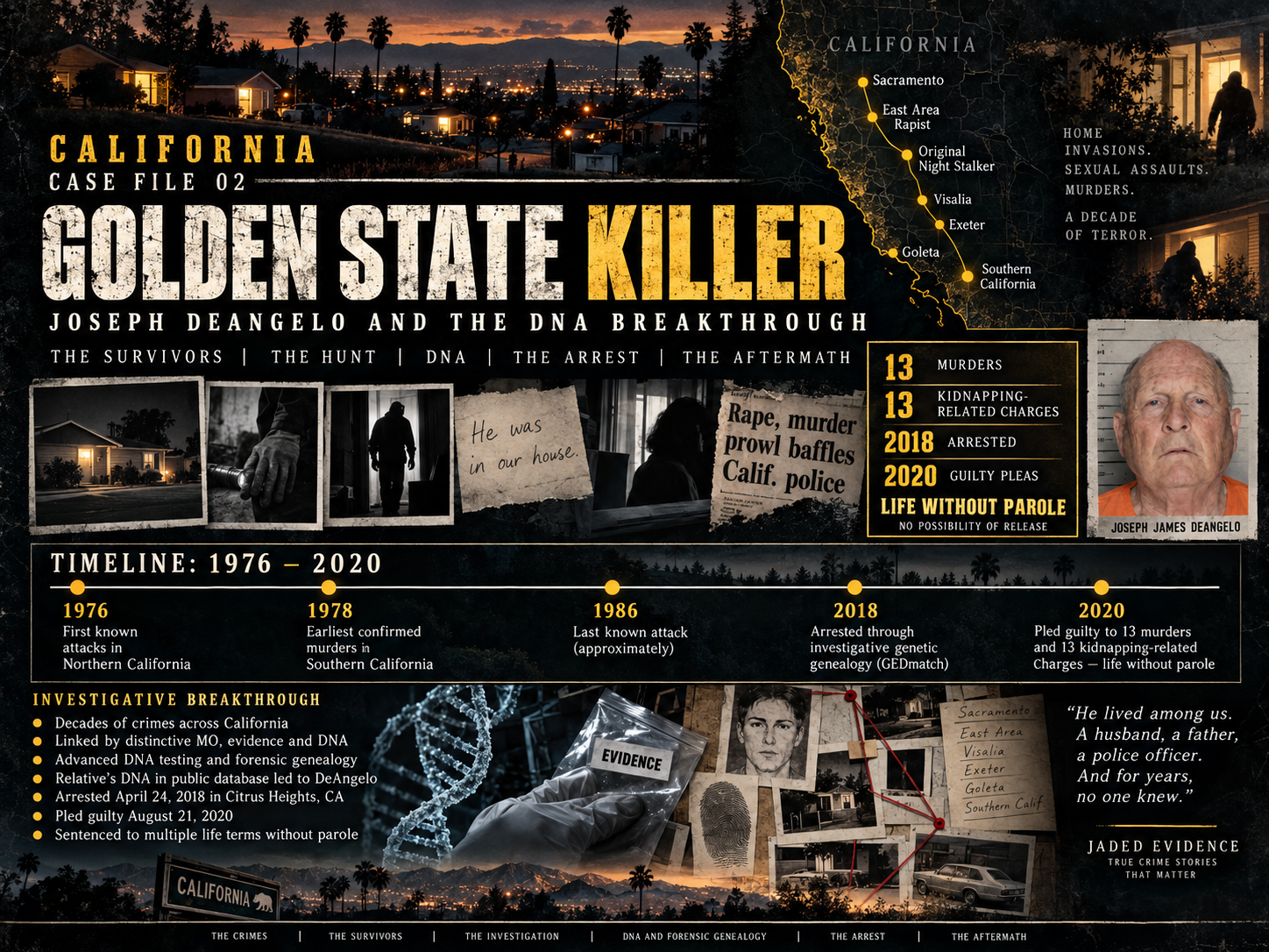 Golden State Killer case-file infographic covering Joseph DeAngelo, crime geography, DNA, arrest, and guilty pleas.