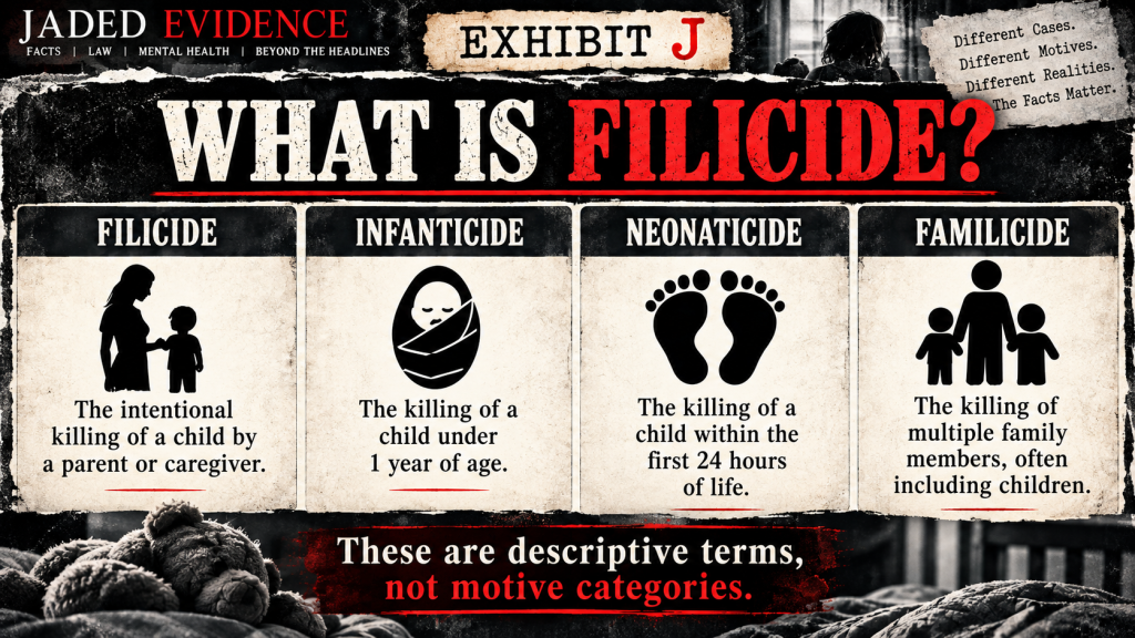 Exhibit J infographic defining filicide, infanticide, neonaticide, and familicide.
