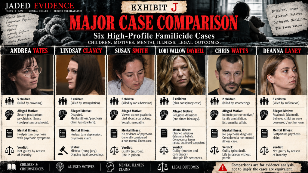 Exhibit J case comparison graphic examining several high-profile filicide and familicide cases.