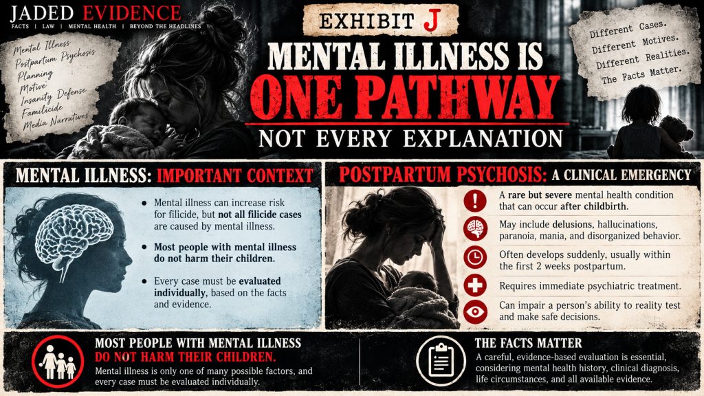 Exhibit J infographic explaining mental illness as one possible pathway and postpartum psychosis as a clinical emergency.