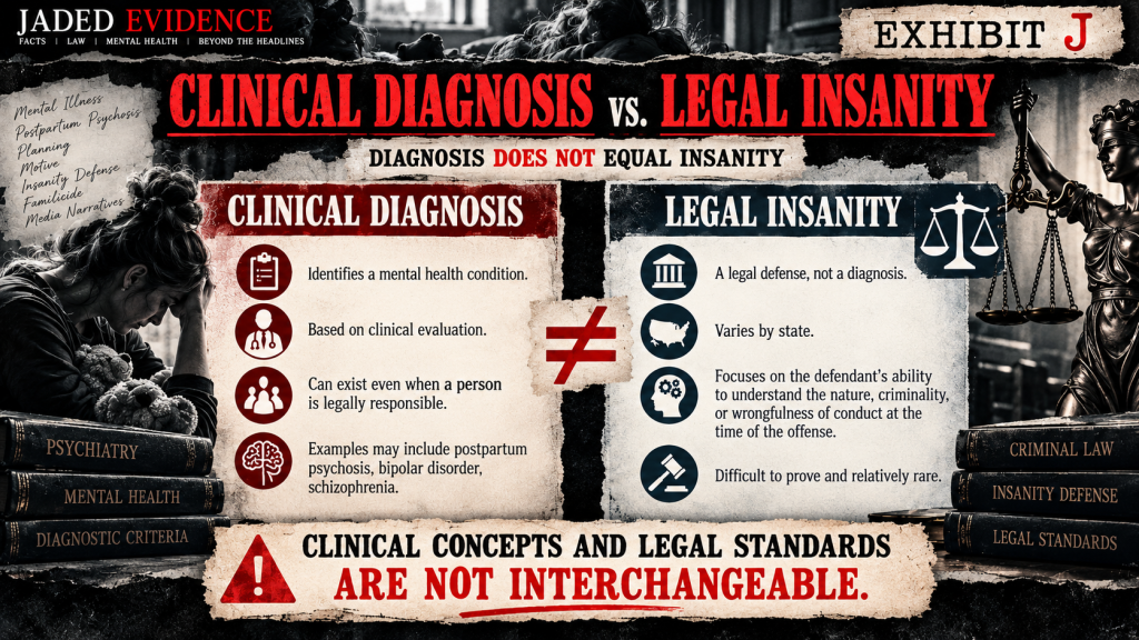 Exhibit J infographic distinguishing clinical psychiatric diagnosis from the legal insanity defense.
