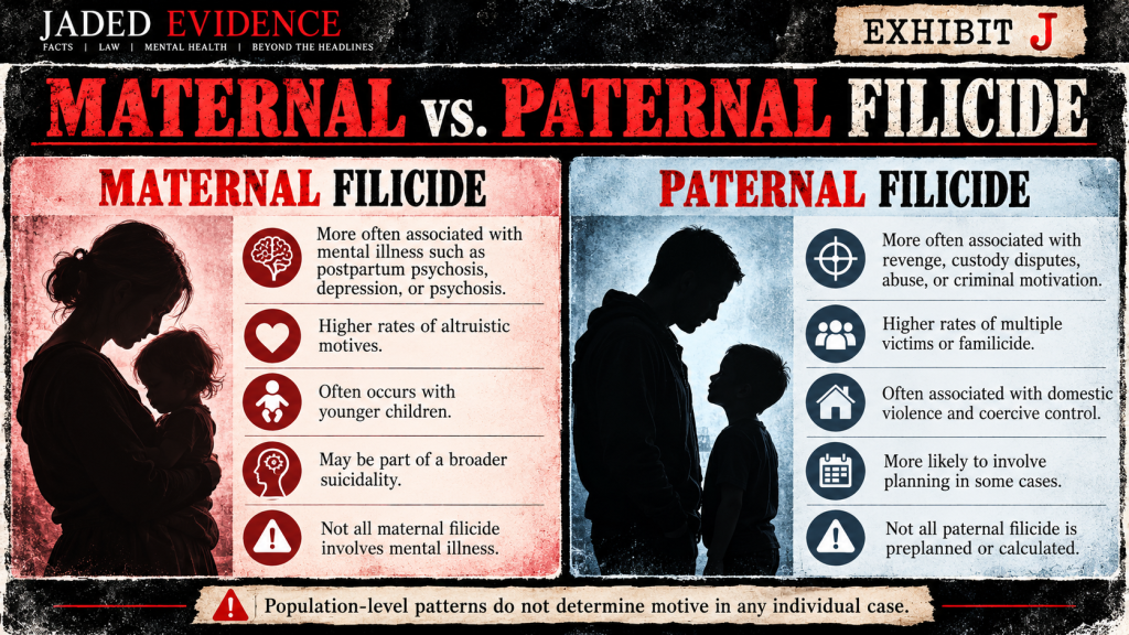 Exhibit J infographic comparing population-level patterns in maternal and paternal filicide.
