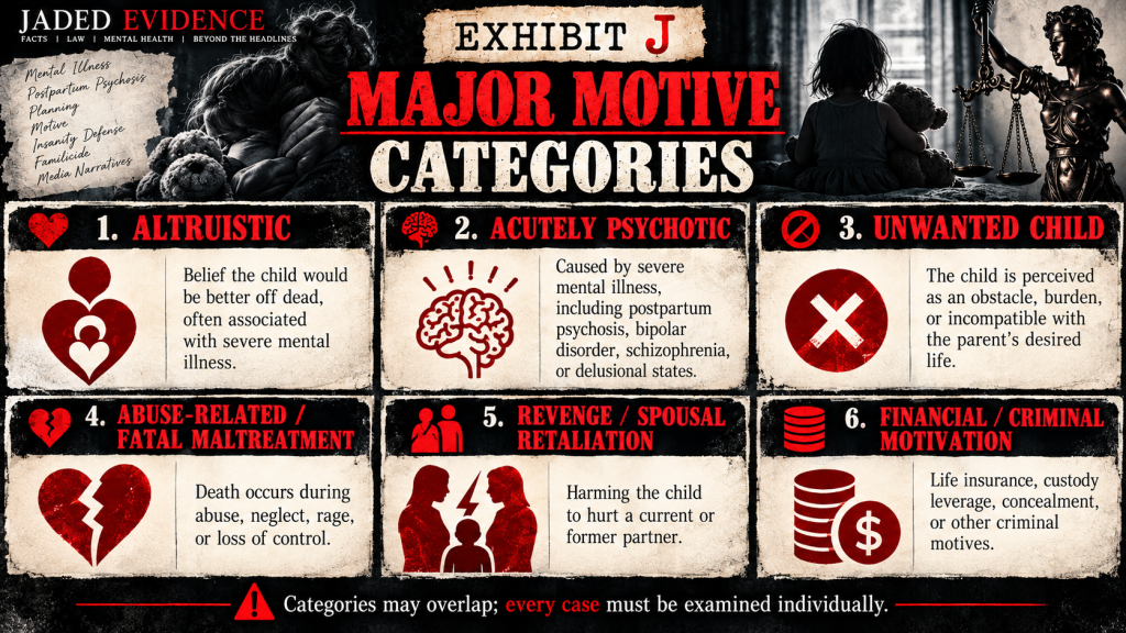 Exhibit J infographic explaining major motive categories used in filicide research.