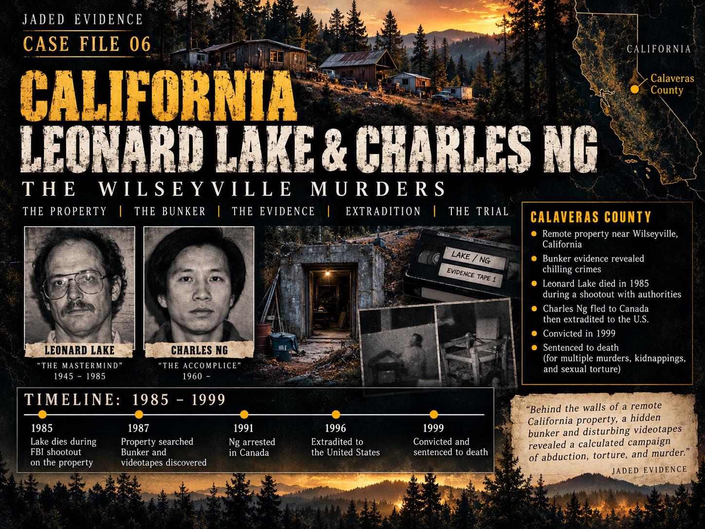 Leonard Lake and Charles Ng Wilseyville murders case-file infographic with property, evidence, extradition, and trial timeline.