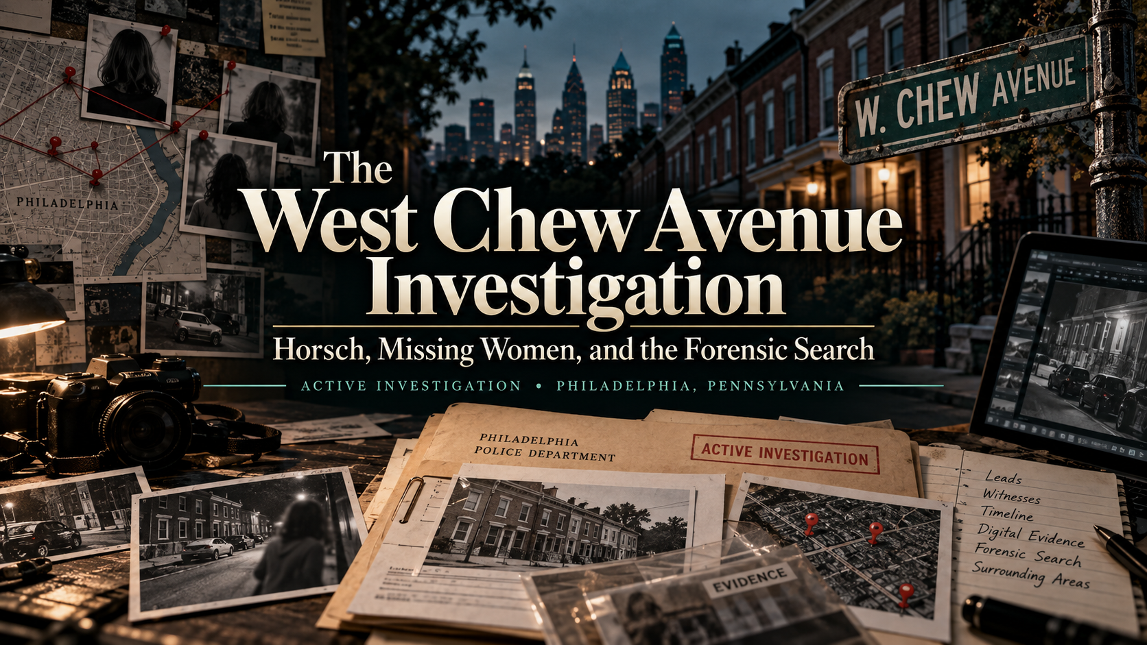 West Chew Avenue investigation graphic for Jaded Evidence coverage of the Horsch investigation, missing women, and forensic search in Philadelphia.