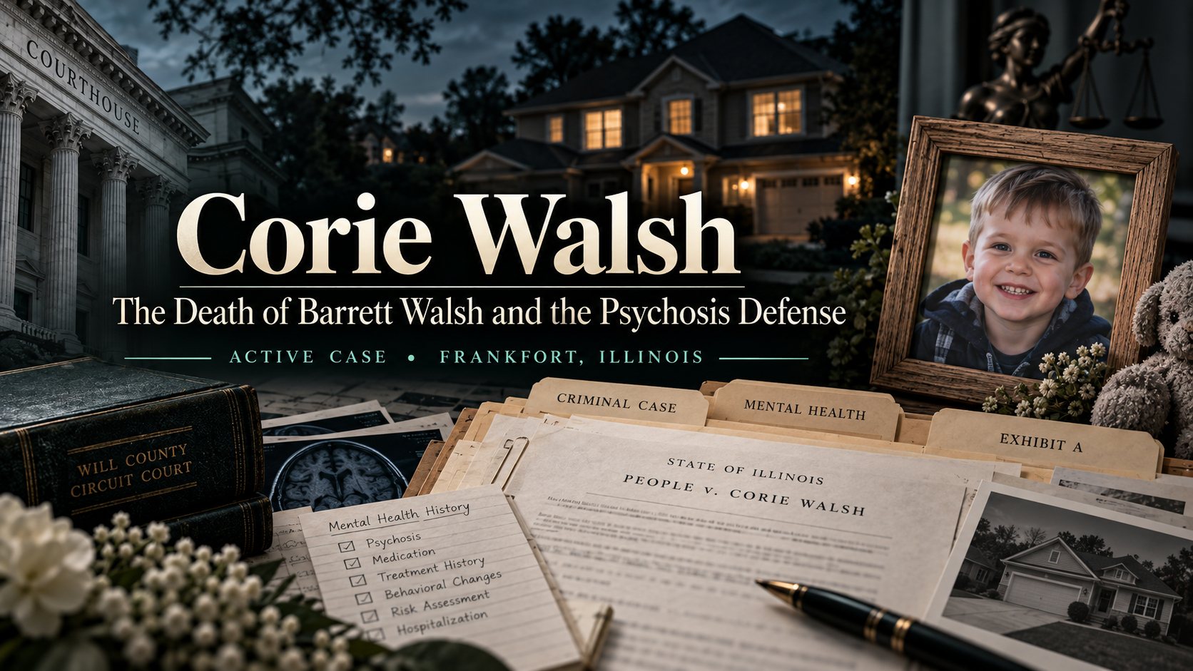 Corie Walsh case graphic for Jaded Evidence coverage of the Barrett Walsh homicide case and psychosis defense issues in Illinois.