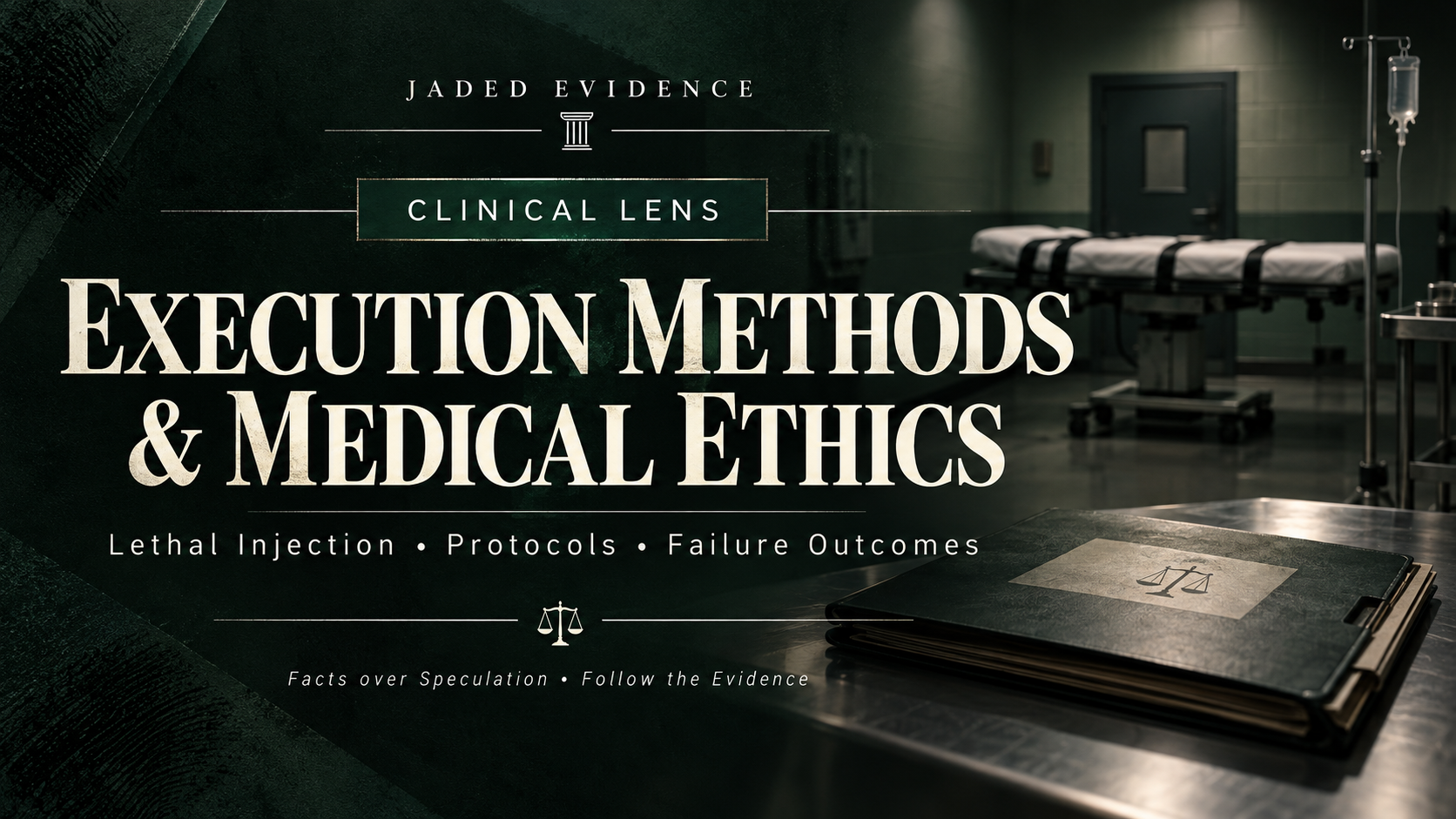 Jaded Evidence Clinical Lens banner: Execution Methods and Medical Ethics, with an empty gurney and legal case files.