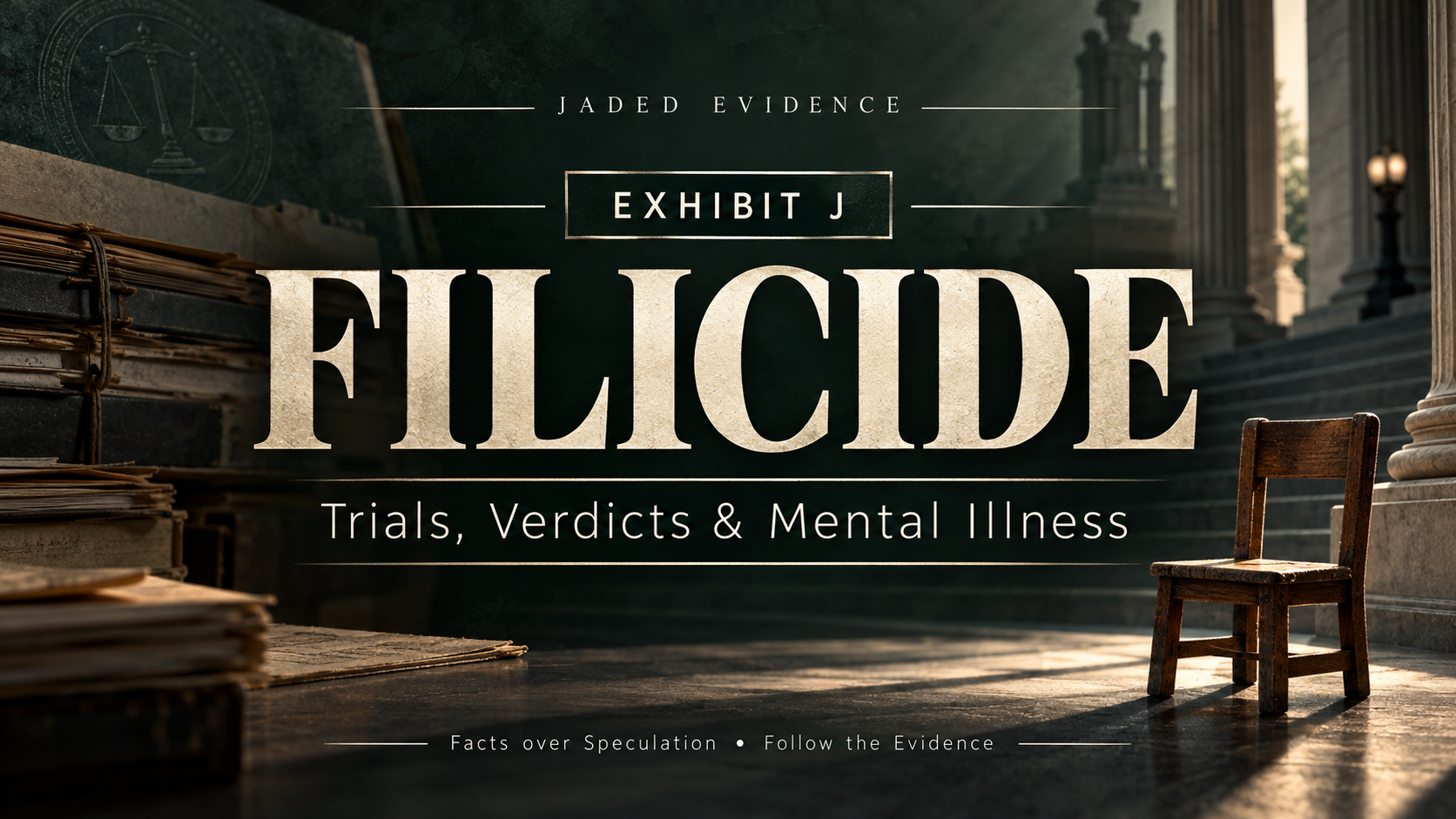 Jaded Evidence Exhibit J banner: Filicide — Trials, Verdicts and Mental Illness, with case files and an empty child’s chair.