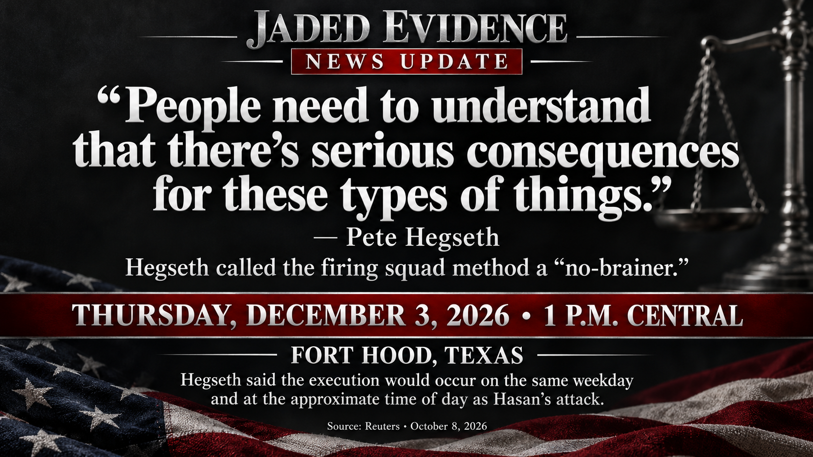 Editorial collage of the supplied Pete Hegseth and Nidal Hasan photographs, with Hegseth's quote and the planned execution schedule.