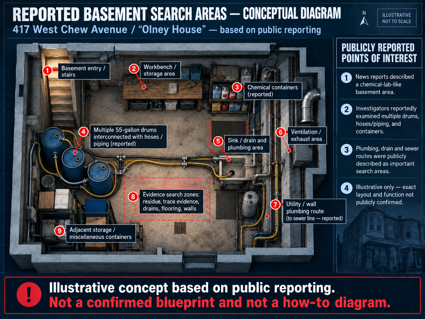 Illustrative conceptual diagram of reported basement search areas at 417 West Chew Avenue.